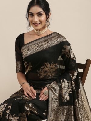 Black Floral Linen Blend Banarasi Saree