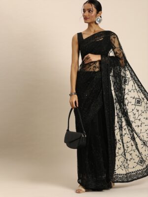 Black Floral Embroidered Net Saree