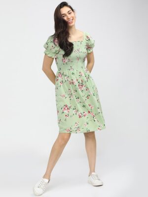 Green & Pink Floral A-Line Dress