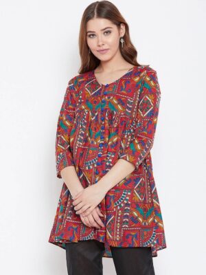 Women Red Printed Pure Cotton Anarkali Pure Cotton Kurti