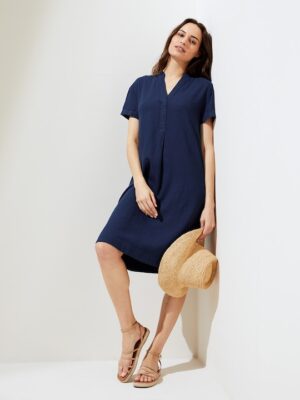 Blue Solid Midi Dress