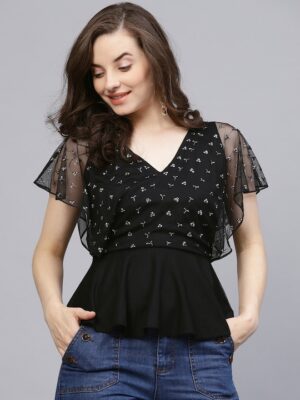 Black Embellished Peplum Top