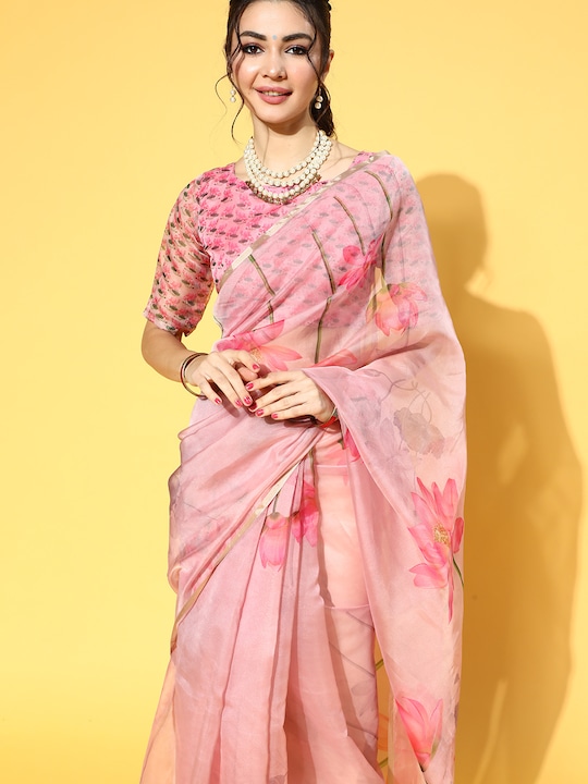 81124523 6b8d 46f6 a74f b4fe28a7d3b61642763095101 Saree Mall Pink Organza Ethnic Printed Party Wear Saree with 1