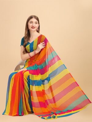 Yellow & Turquoise Blue Colourblocked Pure Chiffon Saree