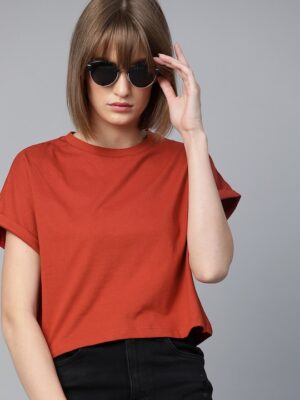 Rust Red Round Neck Boxy Crop Top