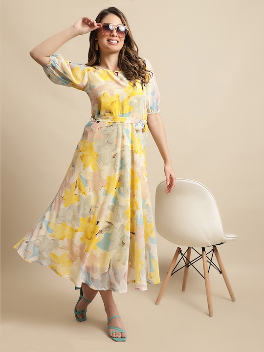 Floral Georgette A Line Midi Dress Flatshop