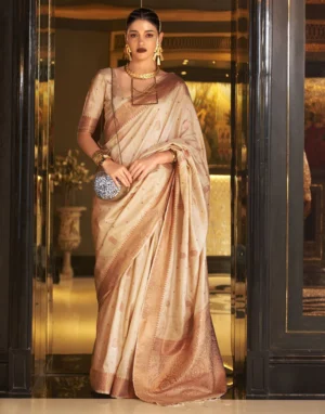 Beige Woven Banarasi Silk Saree
