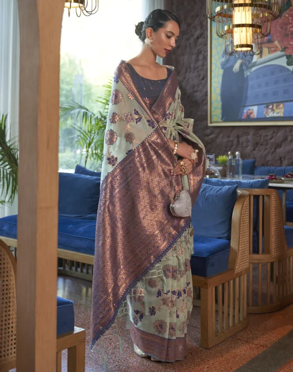Baby Green Zari Woven Organza Saree - Image 2