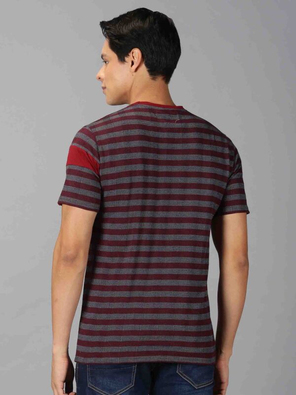 Men Maroon Striped Round Neck Casual T-Shirt - Image 2