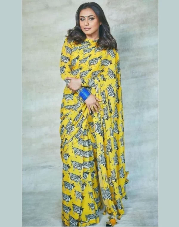 Yellow & White Georgette Printed Saree - Image 2