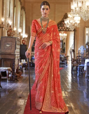 Red Printed Georgette Leheriya Saree