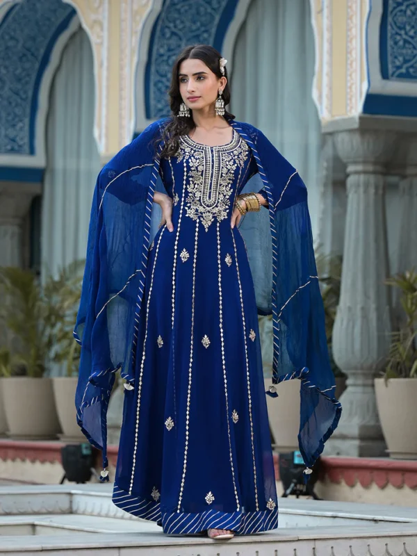 Blue Gota Patii work Georgette Long Kurta with Shantoon Lining with Dupatta - Image 4