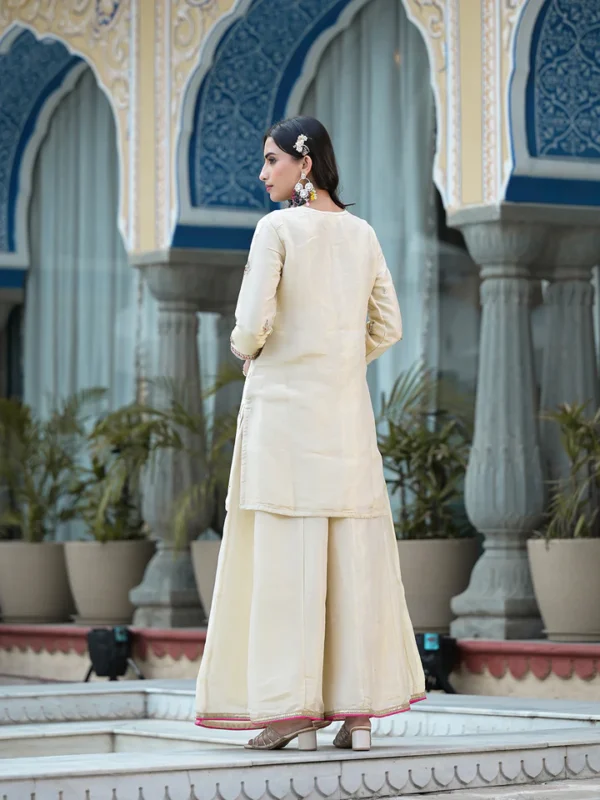 Cream Gota patti & Zardozi Work Tissue Fabric Kurta Sharara Set with Bandhani Dupatta - Image 8