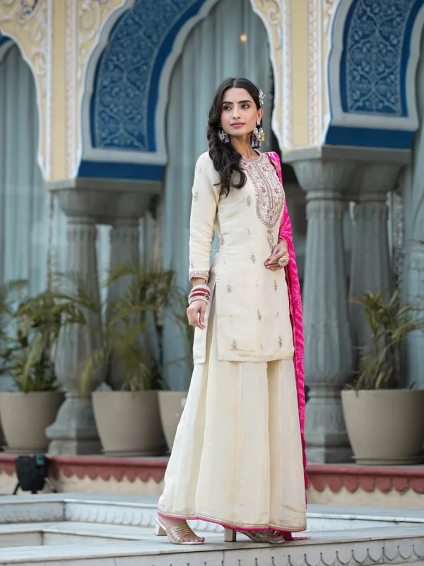 Cream Gota patti & Zardozi Work Tissue Fabric Kurta Sharara Set with Bandhani Dupatta - Image 5