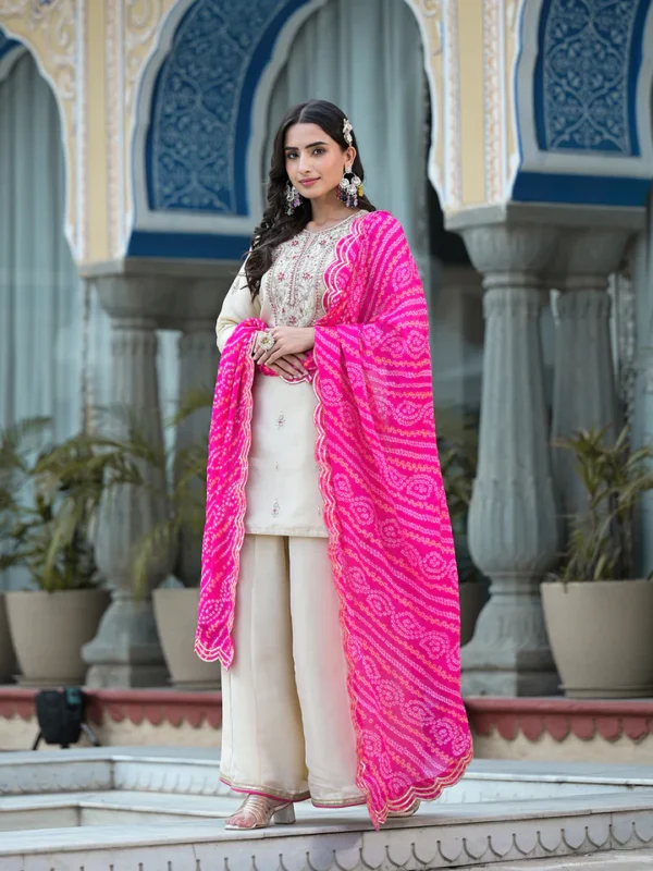 Cream Gota patti & Zardozi Work Tissue Fabric Kurta Sharara Set with Bandhani Dupatta - Image 4