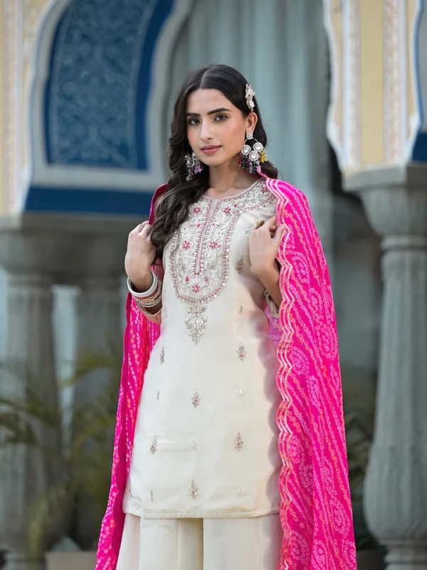 Cream Gota patti & Zardozi Work Tissue Fabric Kurta Sharara Set with Bandhani Dupatta - Image 3