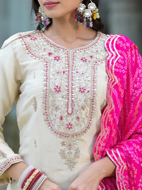 Cream Gota patti & Zardozi Work Tissue Fabric Kurta Sharara Set with Bandhani Dupatta - Image 2