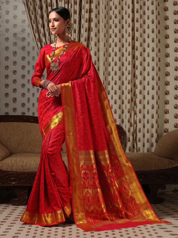 Janasya Women s Red Silk Cotton Woven Design Saree with Blouse Piece Janasya 1146 Copy Copy