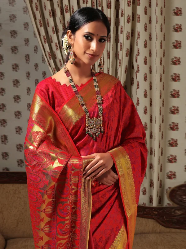 Janasya Women s Red Silk Cotton Woven Design Saree with Blouse Piece Janasya 6975