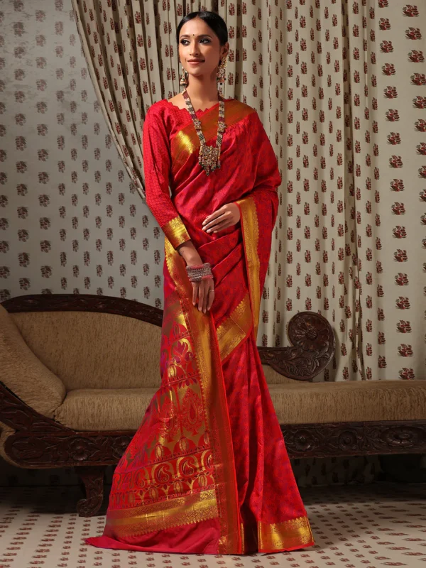 Janasya Women s Red Silk Cotton Woven Design Saree with Blouse Piece Janasya 9712