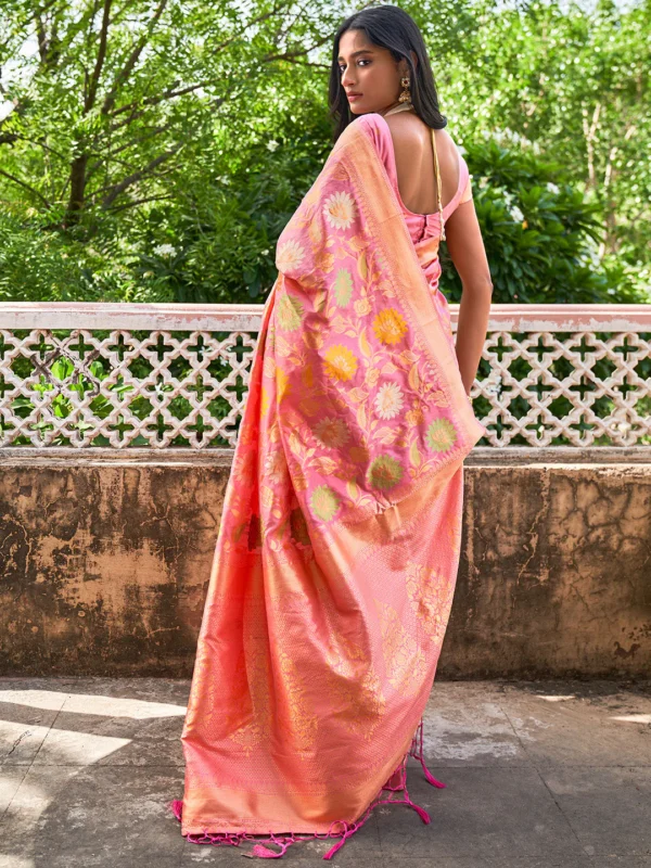 Light Pink Banarasi Silk Woven Floral Design Saree with Unstitched Blouse Piece Janasya 5821