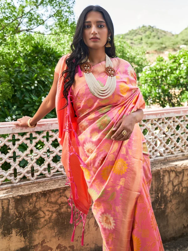 Light Pink Banarasi Silk Woven Floral Design Saree with Unstitched Blouse Piece Janasya 637