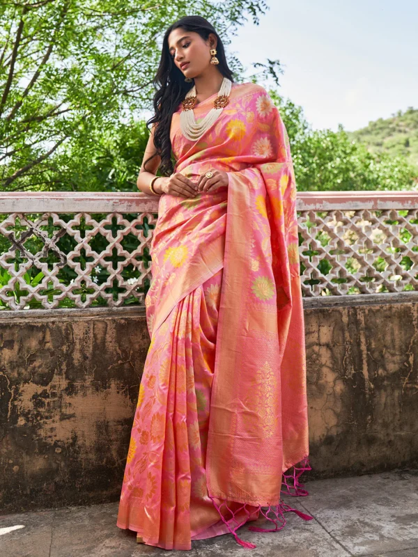 Light Pink Banarasi Silk Woven Floral Design Saree with Unstitched Blouse Piece Janasya 7438 1