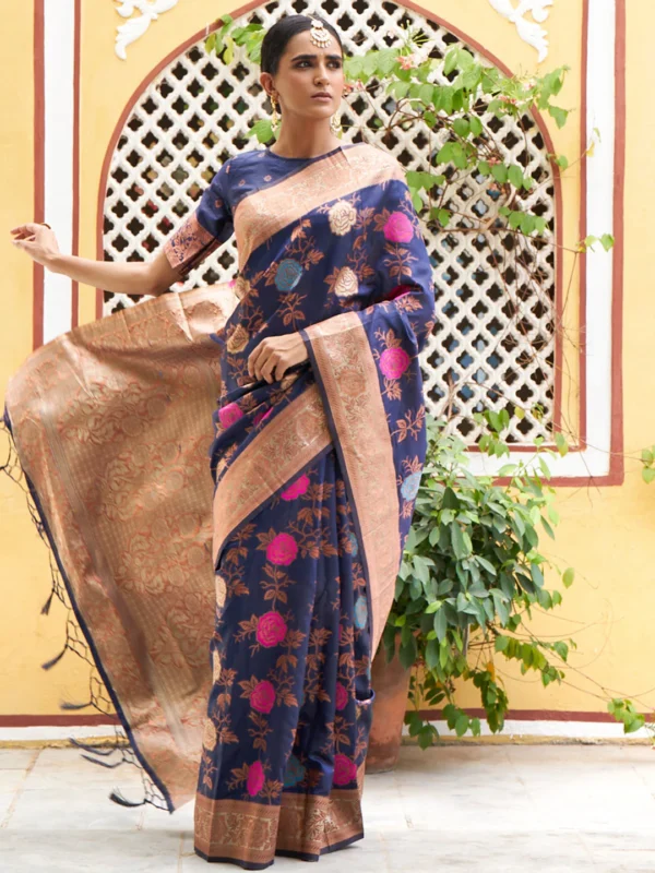 Navy Blue Banarasi Silk Floral Saree with Unstitched Blouse Piece Janasya 8213 Copy Copy