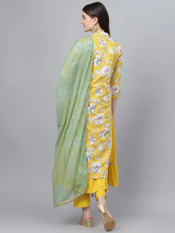 Divena Yellow Cotton Kurta Pant Set with Nazneen Dupatta - Image 4