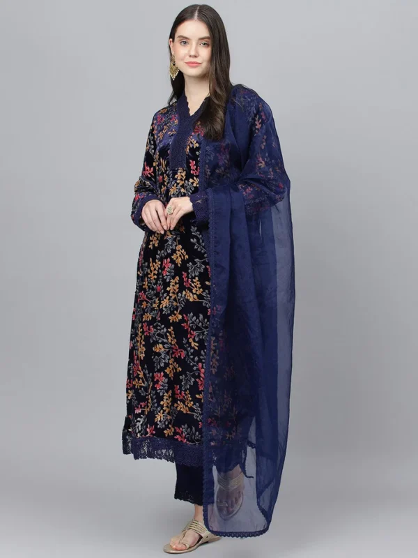 Divena Blue Floral Burn Out Velvet Kurta pant With Organza Dupatta set - Image 2
