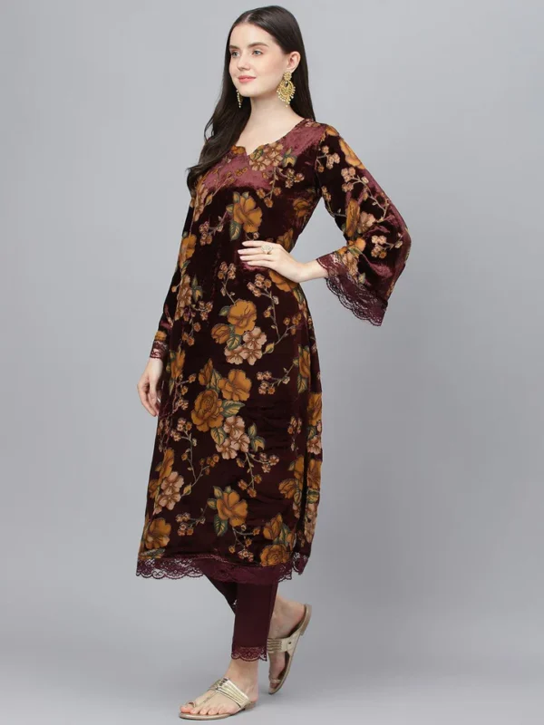 Divena Wine Floral Burn Out Velvet Kurta pant With Organza Dupatta set - Image 2