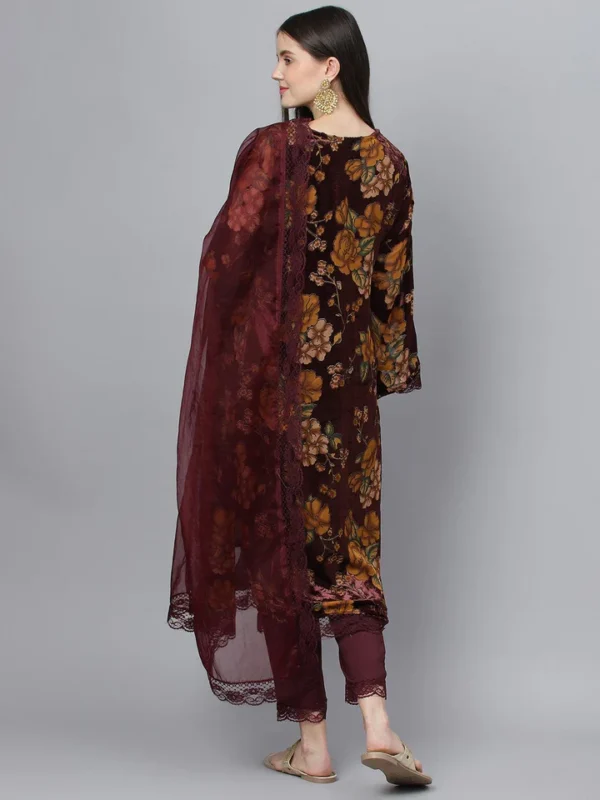 Divena Wine Floral Burn Out Velvet Kurta pant With Organza Dupatta set - Image 4