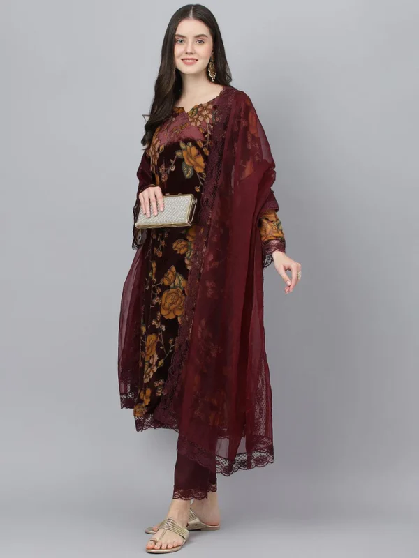 Divena Wine Floral Burn Out Velvet Kurta pant With Organza Dupatta set - Image 3