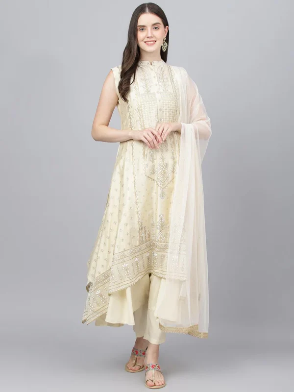 Divena Cream Chanderi kurta Pant Set with Net Dupatta - Image 2