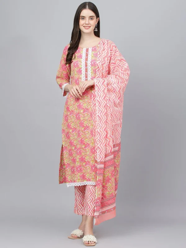 Divena Peach Floral Printed Kurta Pant set With Dupatta - Image 2