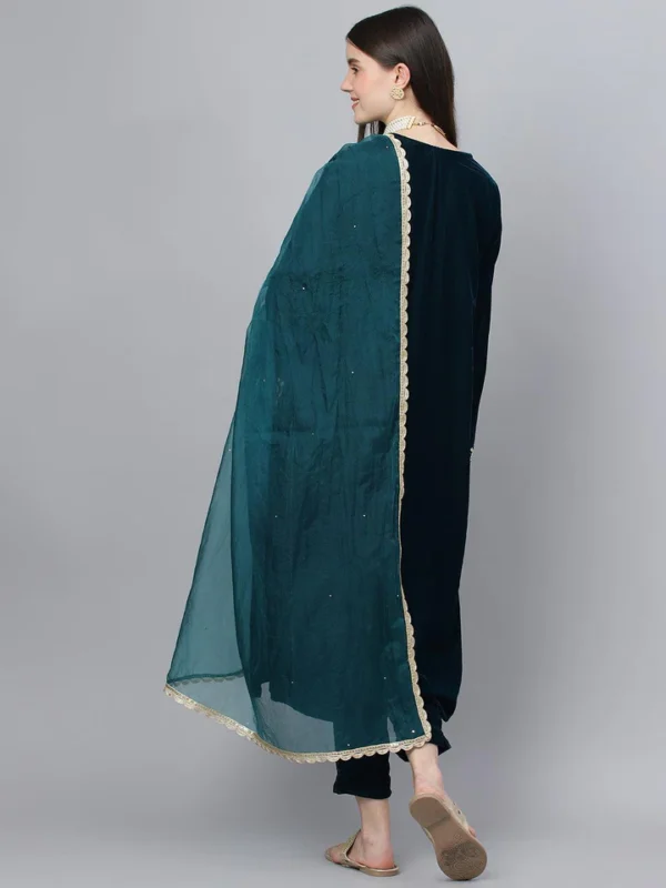 Divena Teal Green Velvet hand work Kurta pant With Organza Dupatta set - Image 4