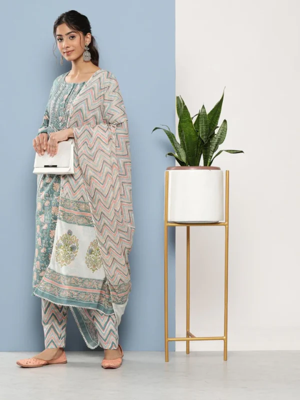 Divena Teal Blue Cotton Straight pant set with Dupatta - Image 2