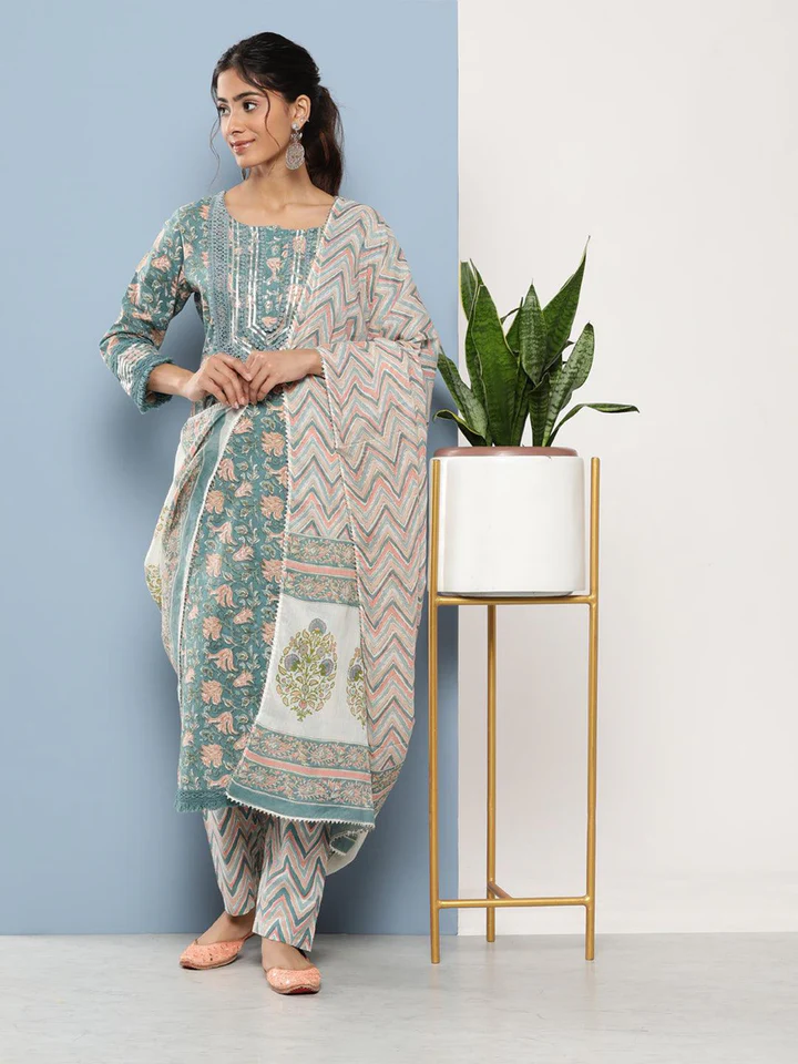 DK0843.2_720x Divena Teal Blue Cotton Straight pant set with Dupatta - Image 1