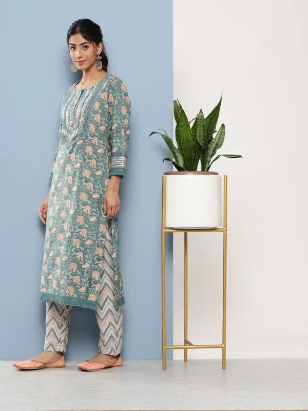 Divena Teal Blue Cotton Straight pant set with Dupatta - Image 3