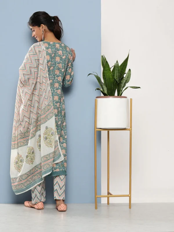 Divena Teal Blue Cotton Straight pant set with Dupatta - Image 4
