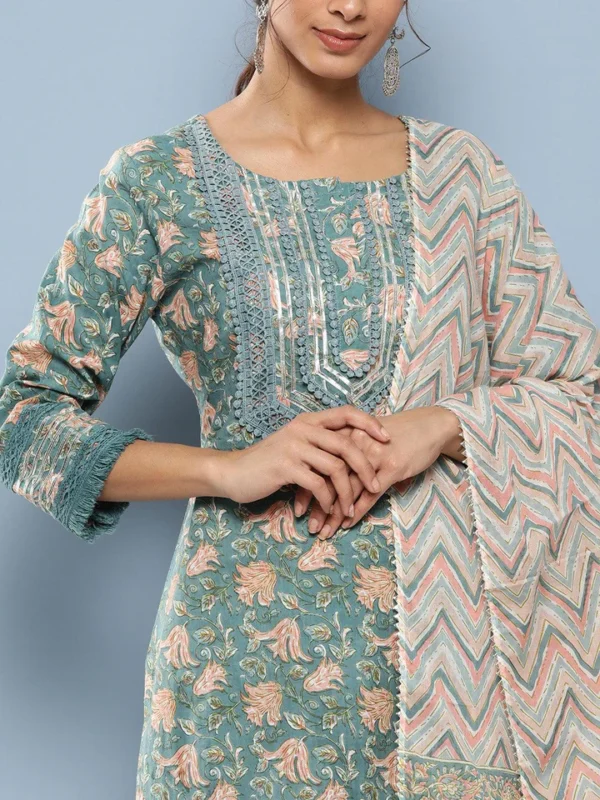 Divena Teal Blue Cotton Straight pant set with Dupatta - Image 5