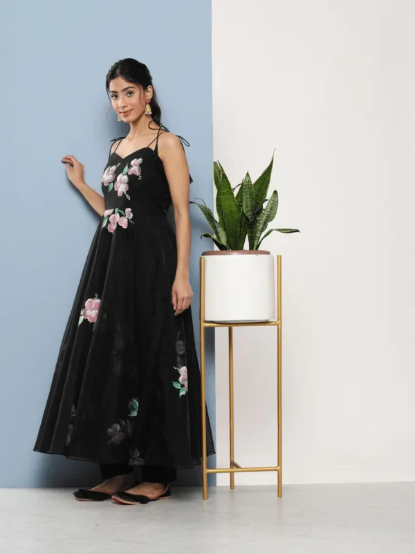 Divena Black Hand Painted Floral Organza Anarkali Kurta Pant Set with Dupatta - Image 3