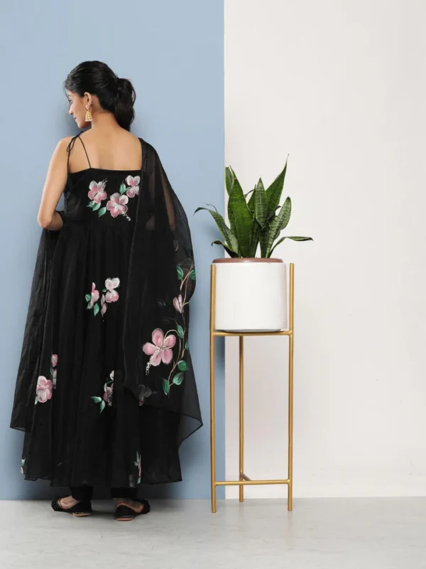 Divena Black Hand Painted Floral Organza Anarkali Kurta Pant Set with Dupatta - Image 5