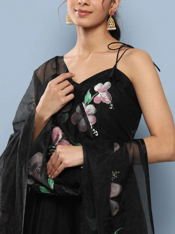 Divena Black Hand Painted Floral Organza Anarkali Kurta Pant Set with Dupatta - Image 4