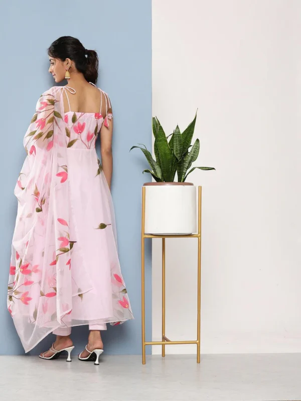 Divena Pink Hand Painted Floral Organza Anarkali Kurta Pant Set with Dupatta - Image 4