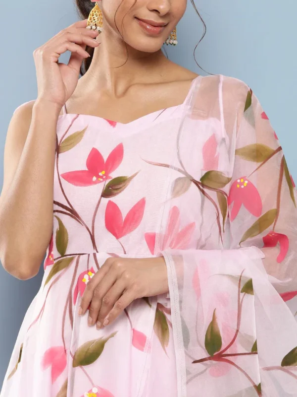 Divena Pink Hand Painted Floral Organza Anarkali Kurta Pant Set with Dupatta - Image 5