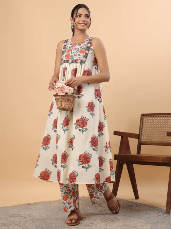 Cream Cotton Floral Gathered Kurta Set - Image 6