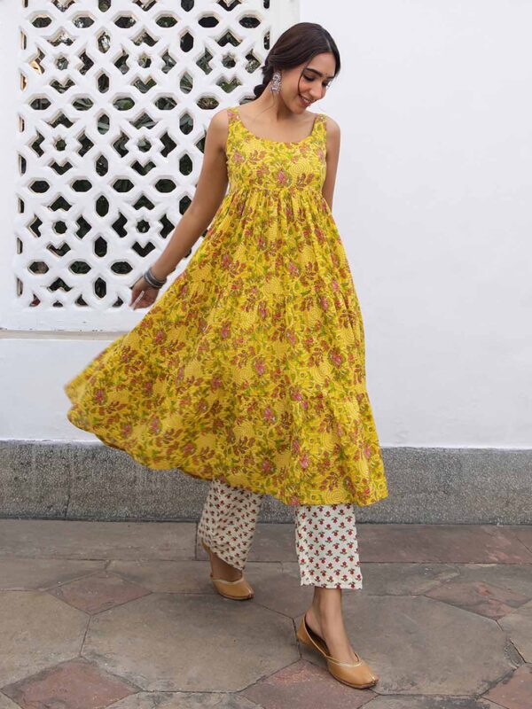 Mustard Cotton Floral Gathered Kurta Set - Image 3
