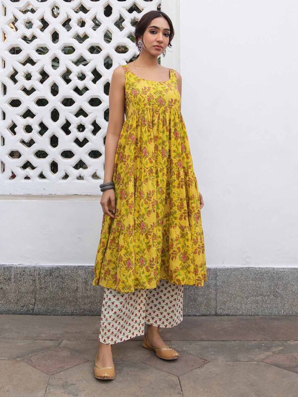 Mustard Cotton Floral Gathered Kurta Set - Image 2