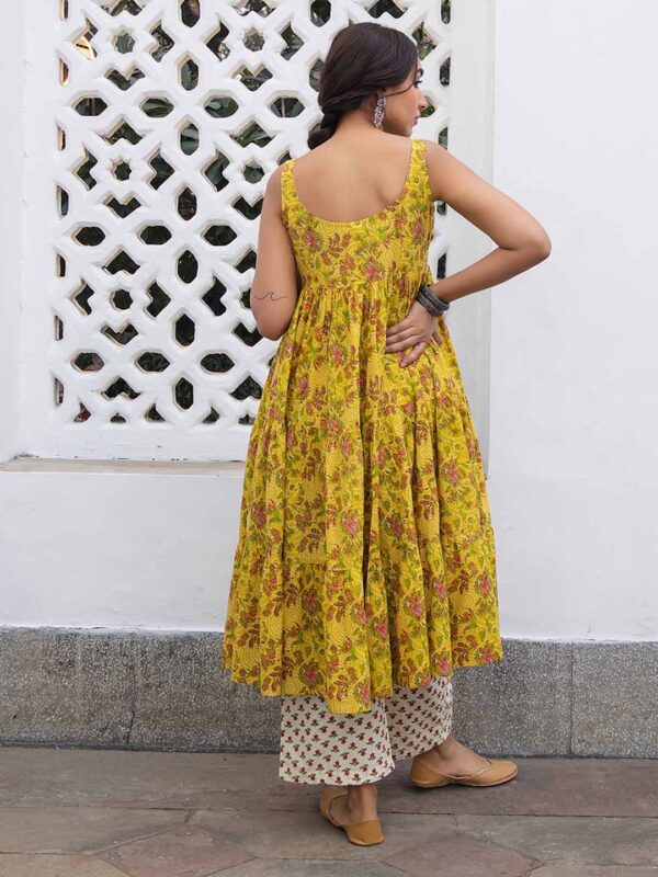 Mustard Cotton Floral Gathered Kurta Set - Image 6